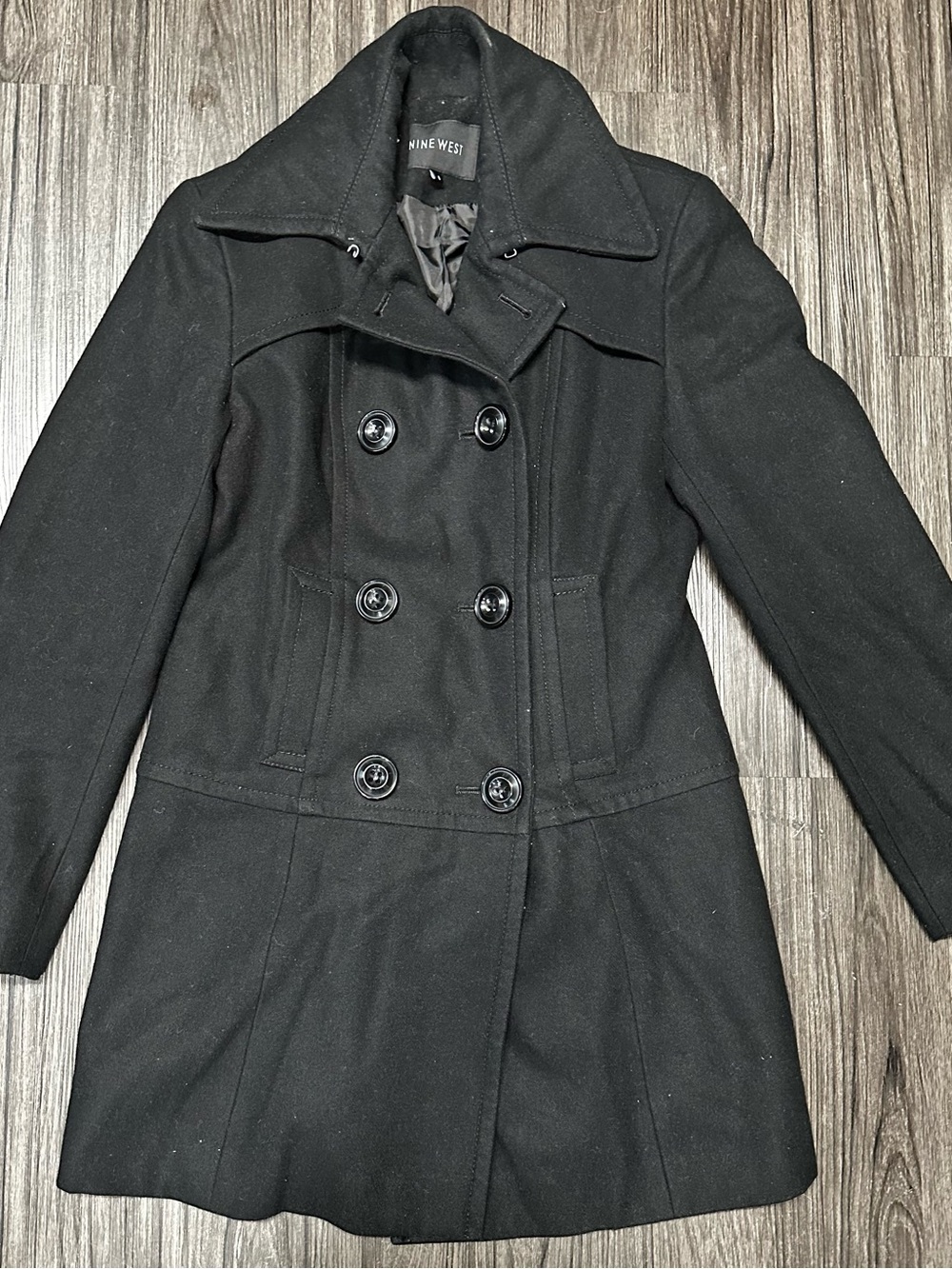 Nine West Black Double-Breasted Wool-Blend Peacoat